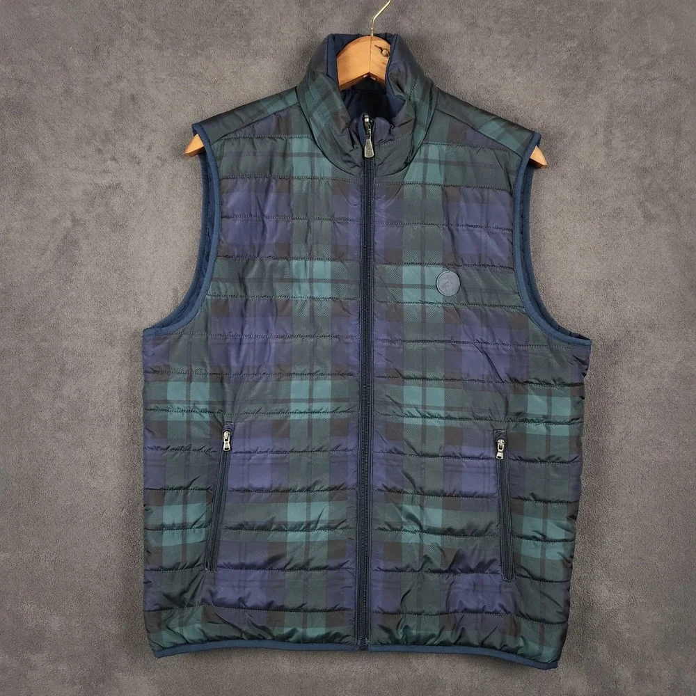 Brooks Brothers Black Watch Quilted Puffer Vest Mens Small Navy Plaid Reversible
